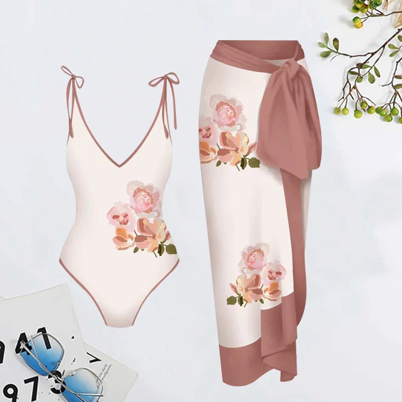 2023 New Lanswe Simple One-Piece Women Swimsuit Print Deep V Bikini Kimono  Fashion Cover-Up Swimwear Summer Beach Wear OP060