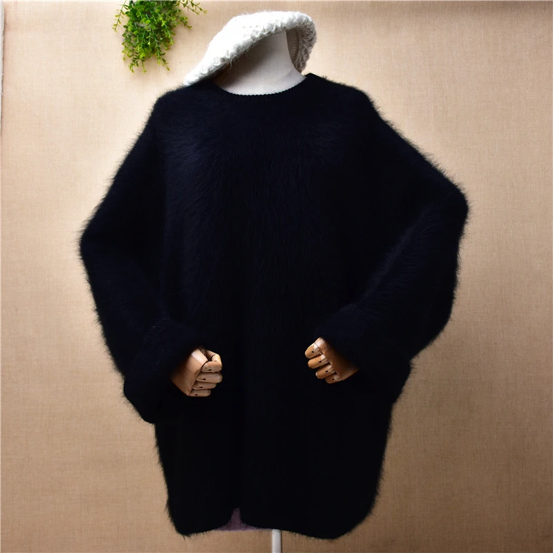 

Женская осенне-зимняя одежда, черный пушистый норковый кашемировый вязаный пуловер с круглым вырезом и длинными расклешенными рукавами, св...