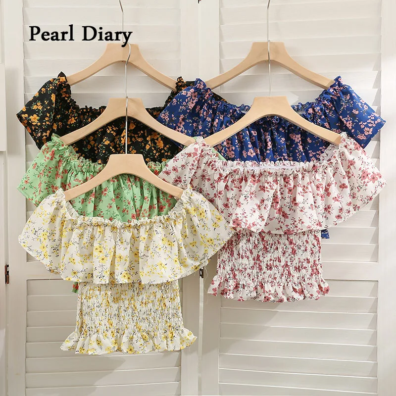 

Pearl Diary New Retro Small Floral Printing One Word Shoulder Shirt Women Folds Ruffles Sexy Crop Tops Fashion Slim Thin Top Wom