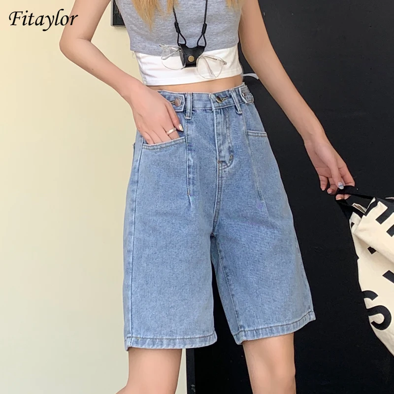 

Fitaylor летние женские ретро уличные джинсы бермуды с высокой талией и карманами, женские повседневные свободные джинсовые шорты трапециевидной формы с широкими штанинами
