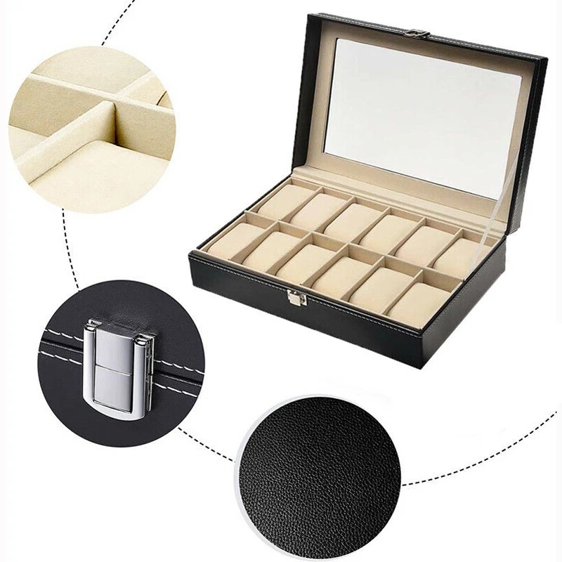 2/6/12/20 Slot Watch Box Jewelry Storage  Carrier Organizer Black PU Leather Display  Best Gift Rush Delivery