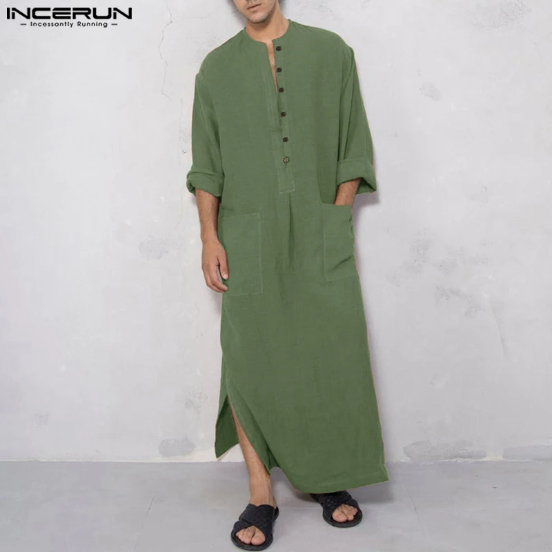 

INCERUN 2023 Men Jubba Thobe Kaftan Solid V Neck Long Sleeve Vintage Robes Men Arabic Islamic Caftan Cotton Casual Abaya S-5XL