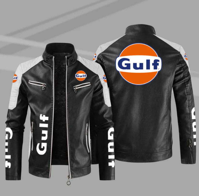 Black PU Leather Jacket Gulf Logo Men Motorcycle Biker Fashion Leather Coats Male Bomber Jacket Pockets Clothes