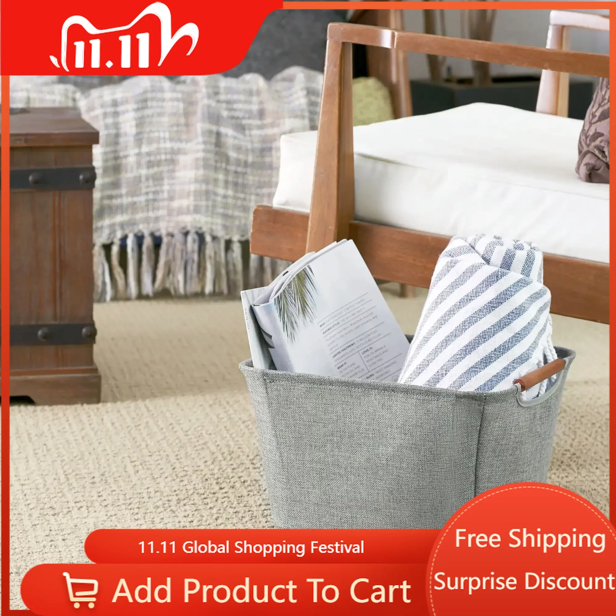 

Free Shipping Small Soft-Side Tapered Storage Bin with Wood Handles, Gray