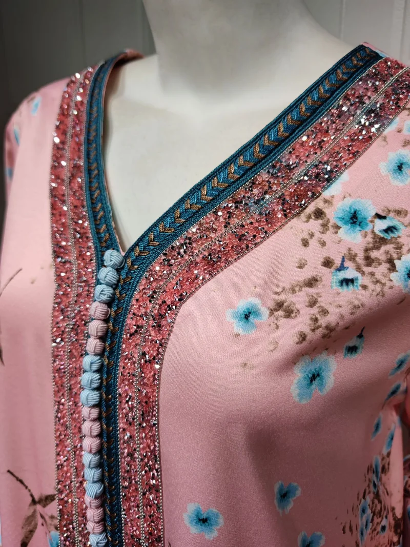 Eid Floral Print Muslim Abaya Dress Women Diamond Dubai Arab Turkey Moroccon Kaftan Islamic Gown Robe Vestido Abayas Caftan 2023