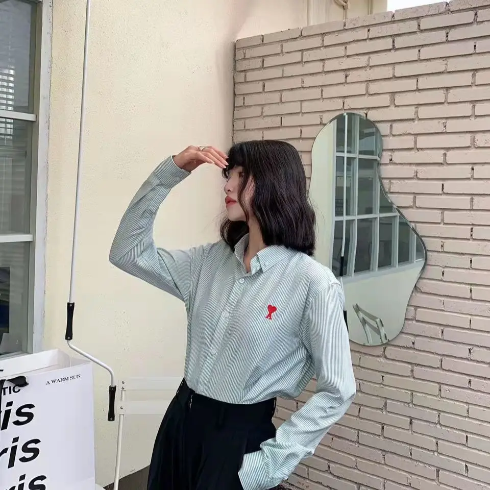 

2022 Spring Summer Couple Stripe Embroidery Love Solid Color Women's Summer Leisure Green Top Men's Long Sleeve Blue Commuter