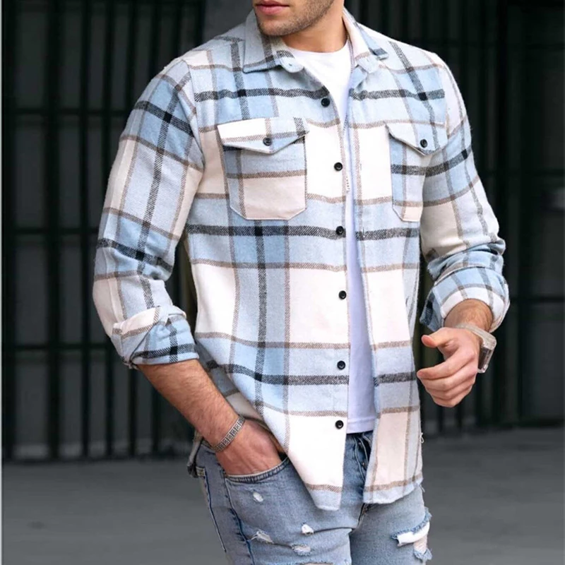 

Retro Plaid Print Shirt Jackets Men Autumn Long Sleeve Buttoned Turn-down Collar Cardigan Mens Spring Clothes Fashion Streetwear