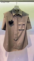 2022 summer new spade love tie padded shoulder khaki shirt personalized work clothes top womens ladies tops button up blouses