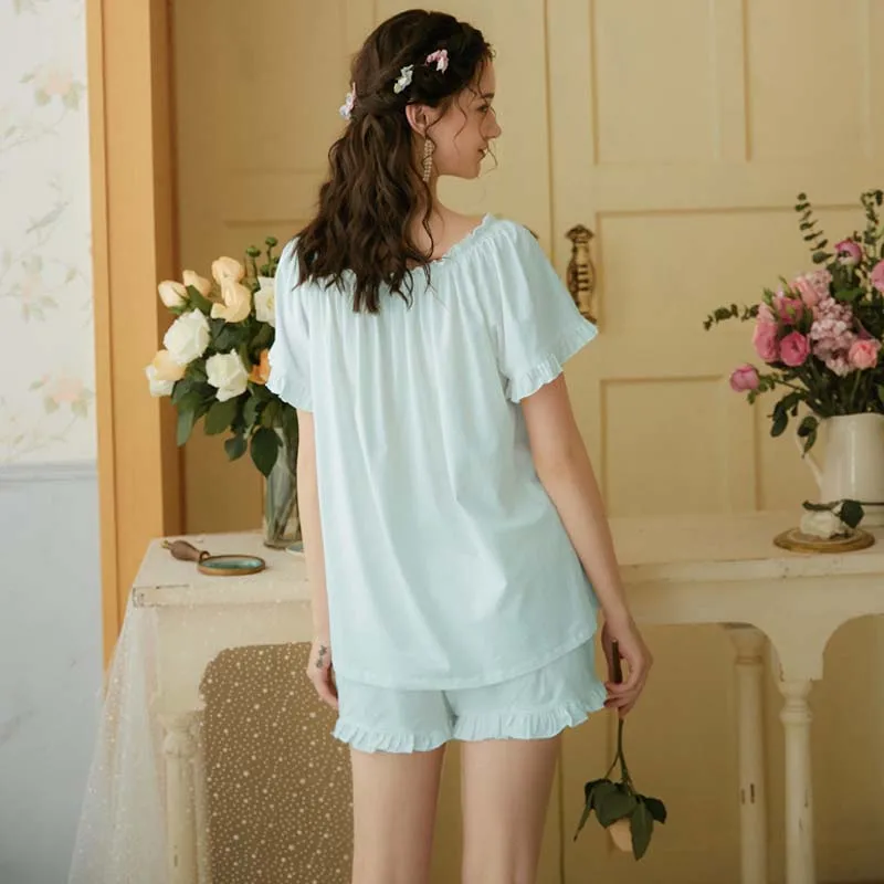 Roseheart Sexy Women White Pink Blue Sleep Nightwear Suits Night Bow Pajama Sets Sleepwear 2 Pieces Backless Shorts Homewear