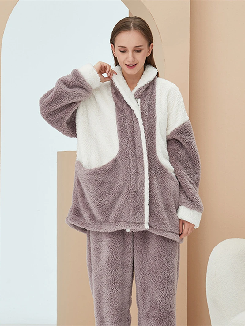 

Furry Two 2 Piece Sets Womens Outfits Winter Clothing Set Flannel Colorblock Fleece Top and Pants Suit Warm Two-Piece Women Sets