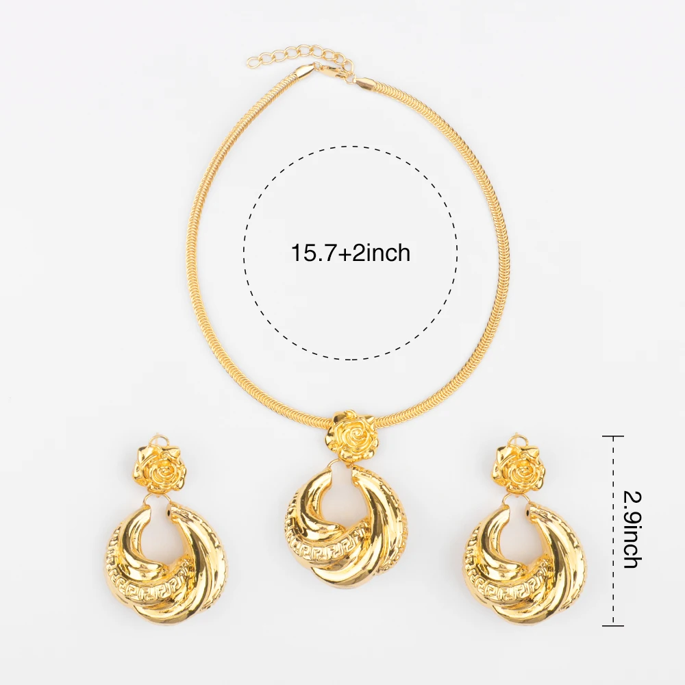 

2022 Trend Africa Necklaces Jewelry Set For Women Gold Color Big Pendant Necklace Earrings Copper Jewelry Party Gift