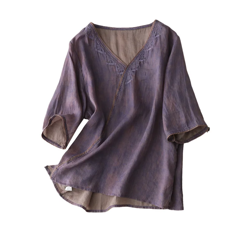 

Ramie V-neck Medium Sleeve Shirt Pullover 2023 Summer New Art Retro Style Casual Top for Women