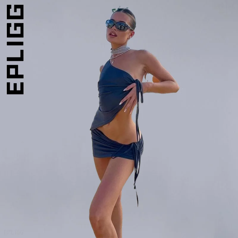 

Epligg Women Set New Short Skirts One Shoulder Crop Top Simple Chic Two Piece Set Retro Slim Sportswear High Waist Sweatsuits