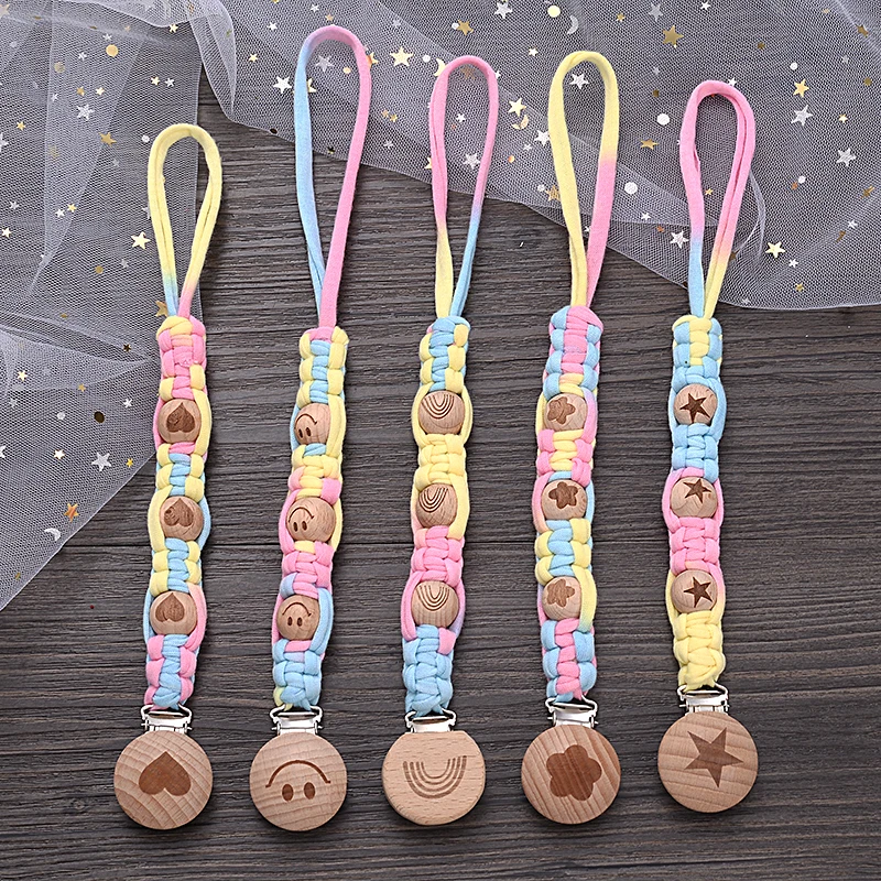 

Creative Baby Beech Wood Nipple Clip Handmade Cotton Rope Baby Pacifier Holder Chain For Infant Teether Dummy Chain Nursing Gift