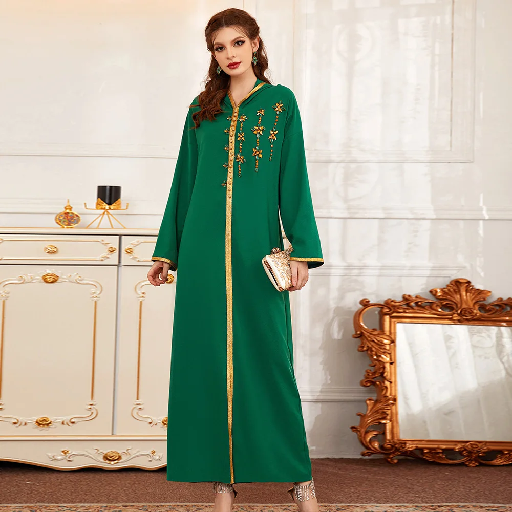 Женское платье с капюшоном Wepbel, зеленое платье с длинным рукавом и золотистыми краями, платье ручной работы со стразами, Рамадан, мусульманс...