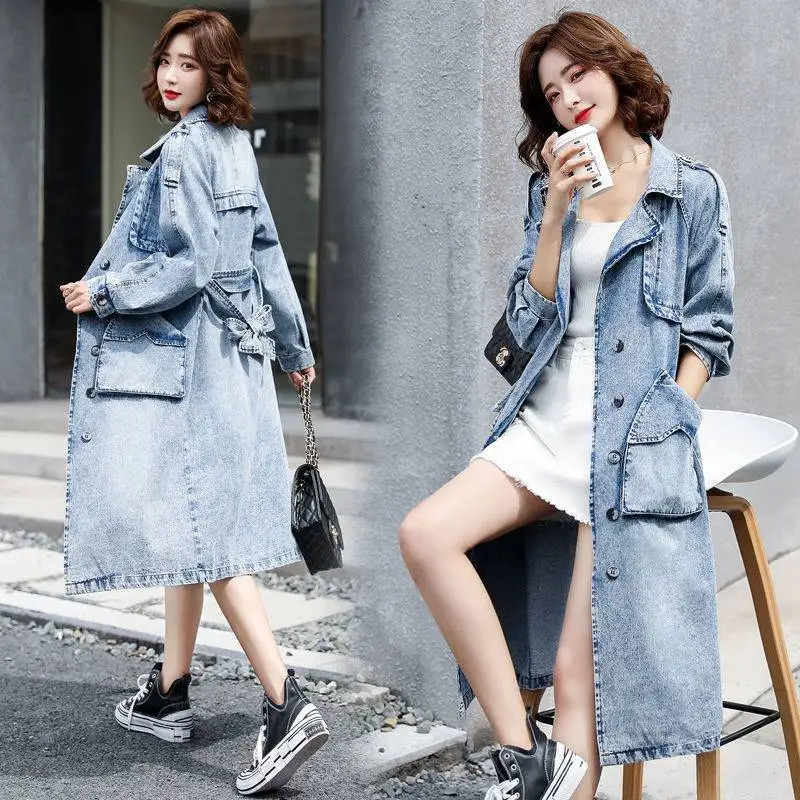 

2023 Spring Autumn New Women Denim Trench Coat Female Was Thinner Mid-Length Over-The-Knee Windbreaker Casual Womens Jackets