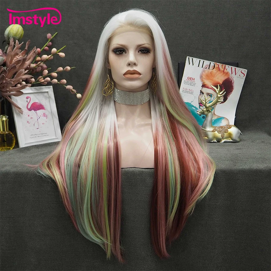 

Imstyle Red Wig Synthetic Lace Front Wig Long Straight Hair Heat Resistant Fiber Colorful Mixed Color Wig Cosplay Wigs For Women