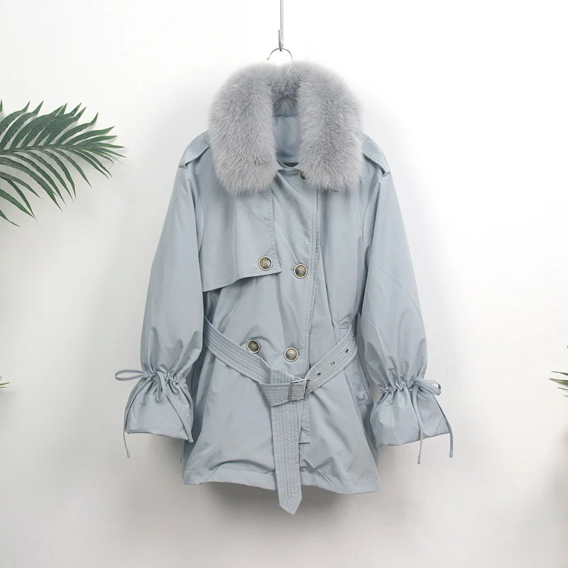 

Женский длинный пуховик с капюшоном, зимний тренчкот из белого утиного пуха с воротником из натурального Лисьего меха, 2023