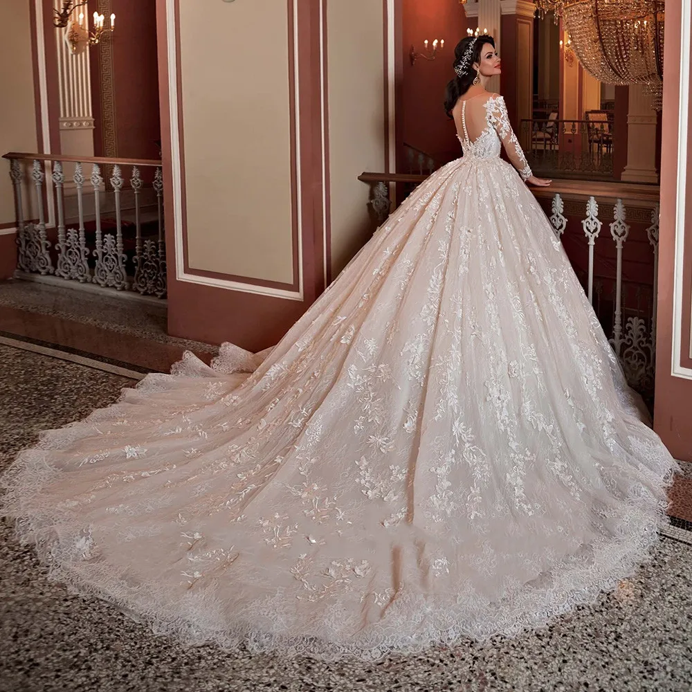 Фото Великолепное Кружевное бальное платье с аппликацией на Zhu De Mariage, свадебное платье с длинным рукавом Abito Da Sposa Vestidos De Novia, платья невесты №3