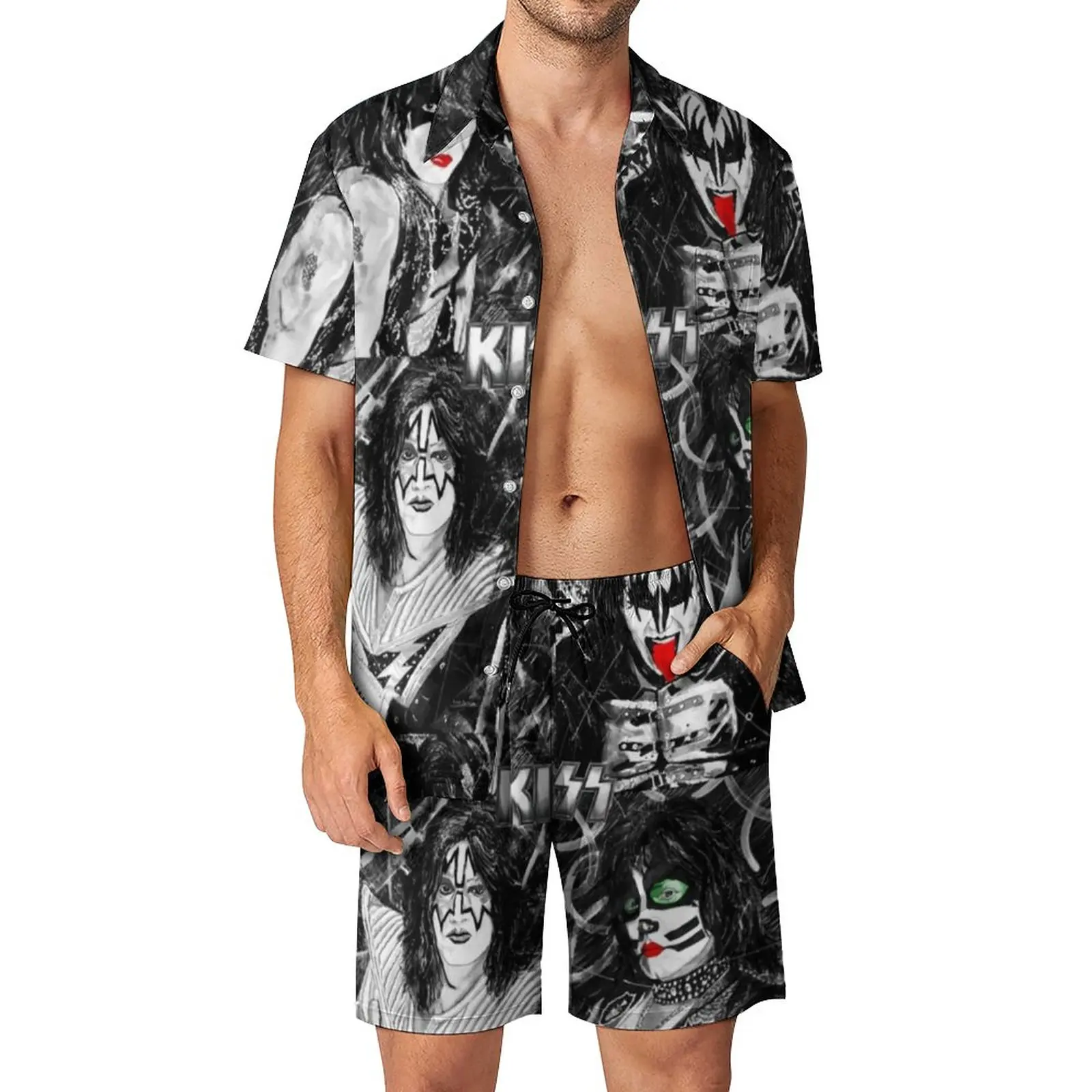 

Kiss Band Print Men Sets Colour Splash with Logo Trendy Casual Shirt Set Short Sleeves Shorts Summer Vacation Suit Large Size