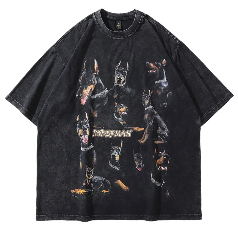 

Oversize Distressed T Shirts Hip Hop Vintage Doberman Dog Print Punk Rock Gothic Tshirt Streetwear 2023 Harajuku Casual T-Shirt