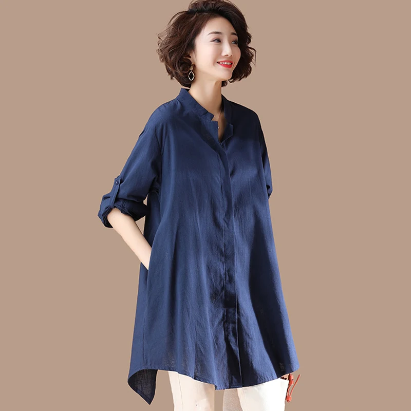 

Long Oversized Cotton Linen Women Shirts 2022 Summer Vintage Blue Casual All Match Female Shirts Outwear Coat Tops