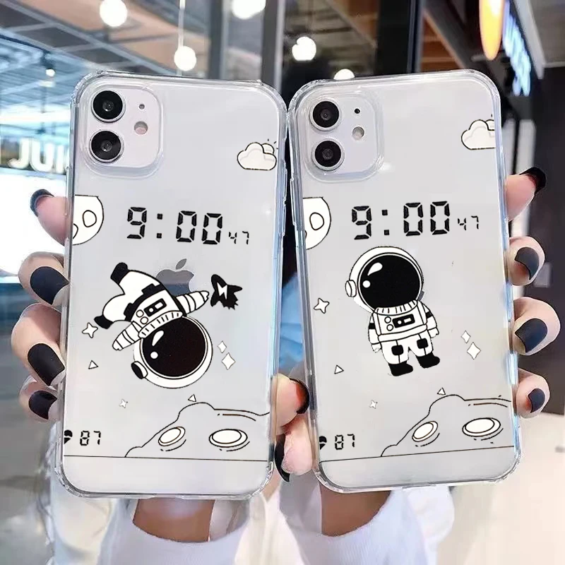 

Cartoon Transparent Astronaut Watch Phone Case For iPhone 11 12 13 Pro Max XS X XR 7 8 Plus SE 2020 Cute Clear Shockproof Cover