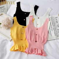 f girls women ruffles buttons cropped tanks tops girls knitted sweet chic slim thin tee shirts camis crop top for female summer