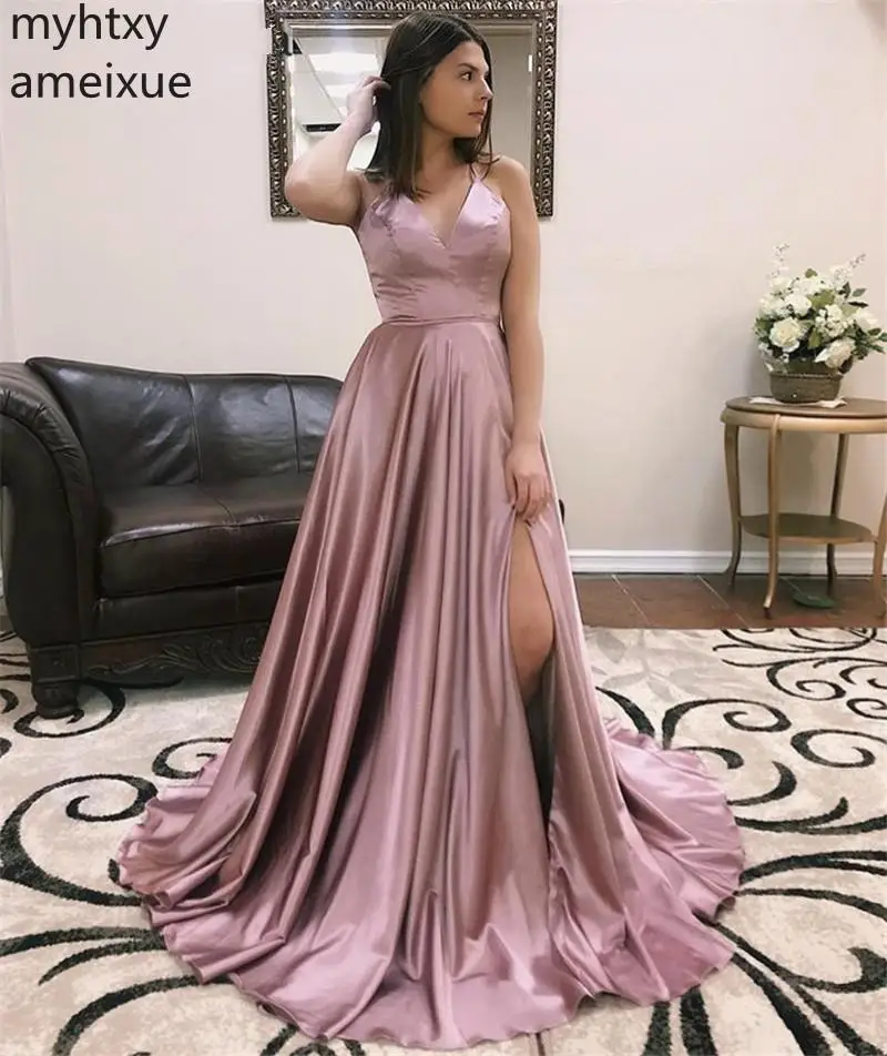 

Party Pink Plus Size Eening Dresses split For Women V-Neck Spaghetti Strap Backles Floor Length A-Line Silk Satin Robe De Soiree