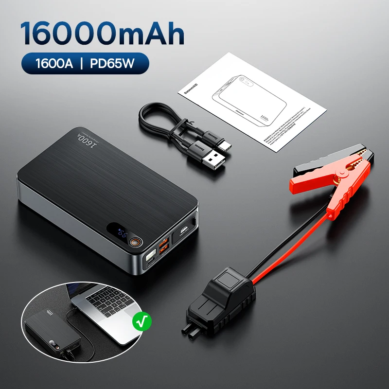 

Baseus 1600A Jump Starter Power Bank 16000 мАч Портативная электростанция Пусковое устройство с PD 65 Вт для автомобильного зарядного устройства Booster
