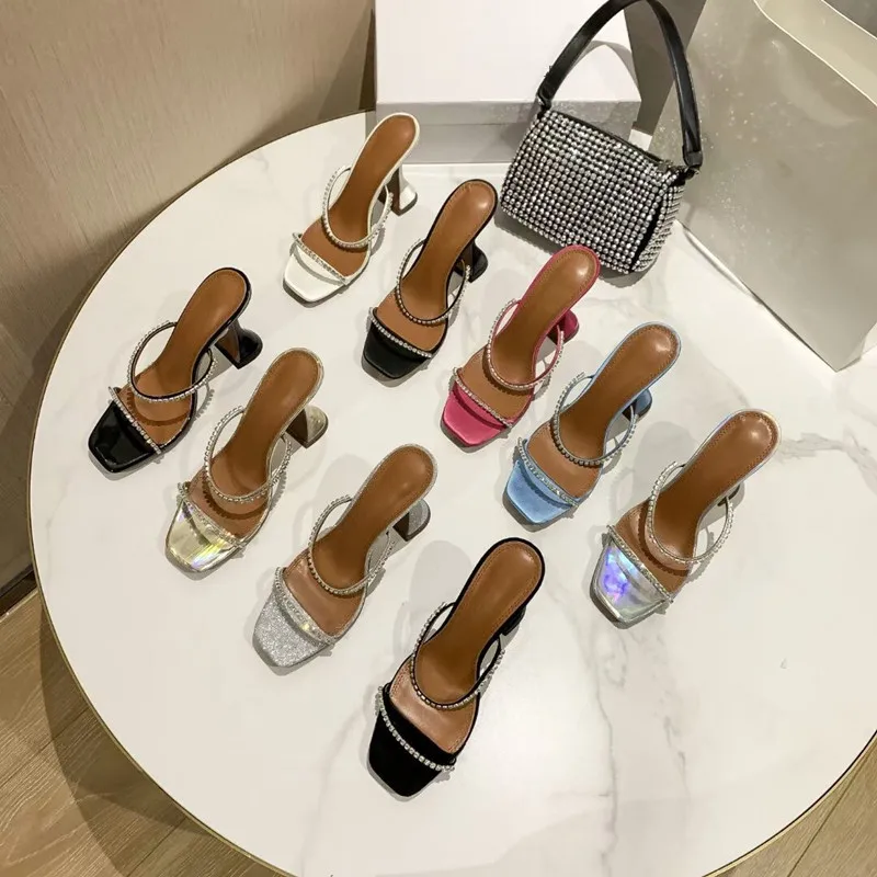 

2023new rhinestone square toe open toe sandals net celebrity word with wine glasses and slippers for women's outer wear