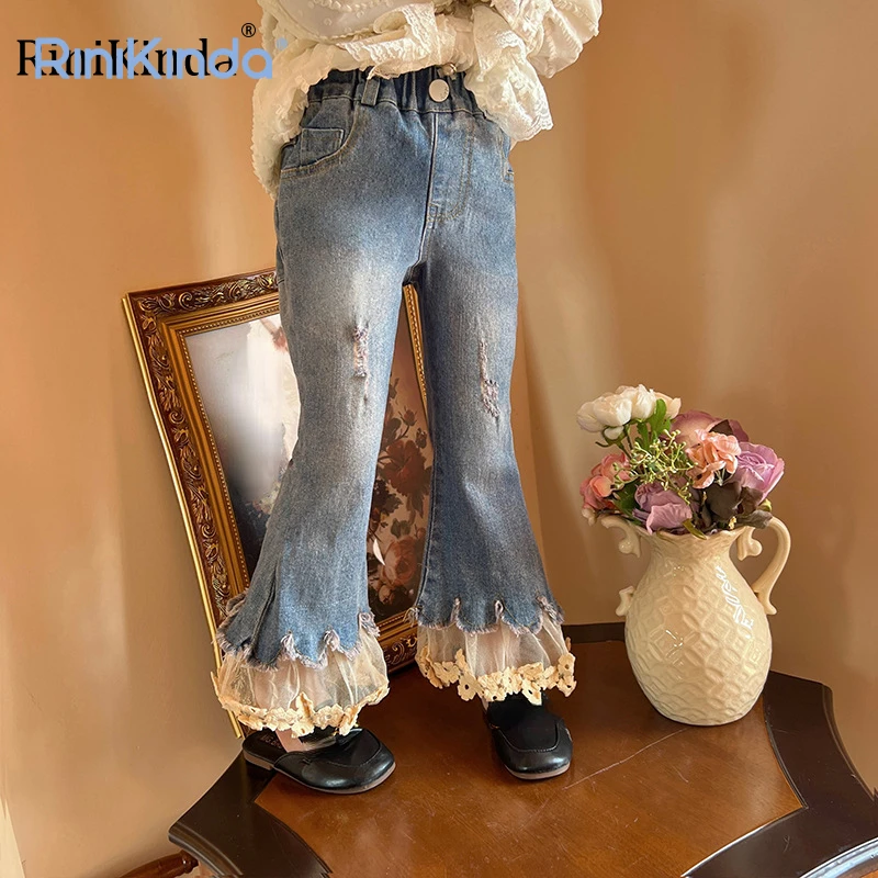 

Kids Girls Denim Jeans Fashion Tulle Floral Flare Pants Spring Autumn Trousers Long Pants 2023 New Children Clothing