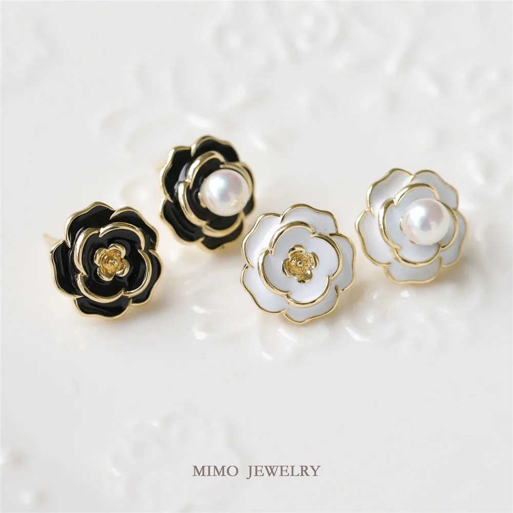 

MIMO JEWELRY Copper plated real gold drip oil camellia pearl holder earrings silver needle earrings DIY accessories