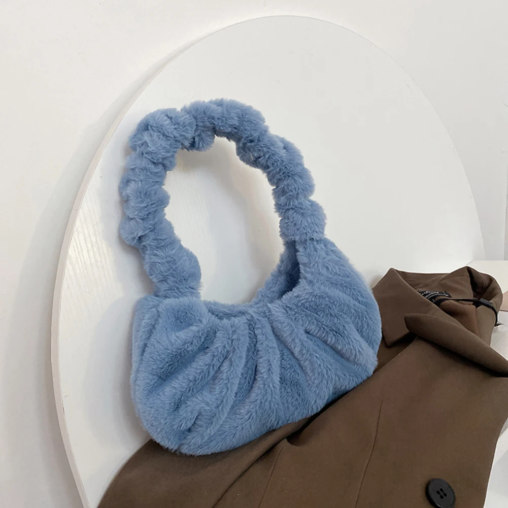 

Fashion Women Plush Pleated Solid Color Shoulder Underarm Bag Ladies Casual Autumn Winter Soft Small Cloud Handbags Purse