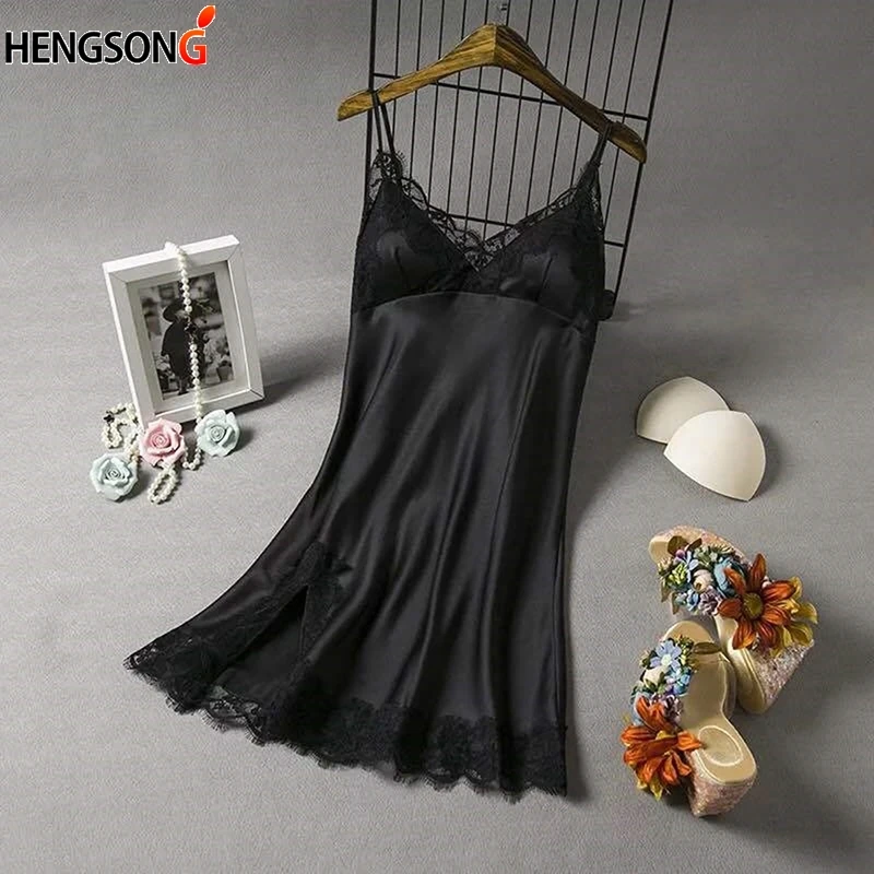 

Women's Sexy Sling Lace Spliced Nightgowns Dress Spaghetti Strap Cool Thin Sleepwear Chest Pad V-Neck Solid Nightdress