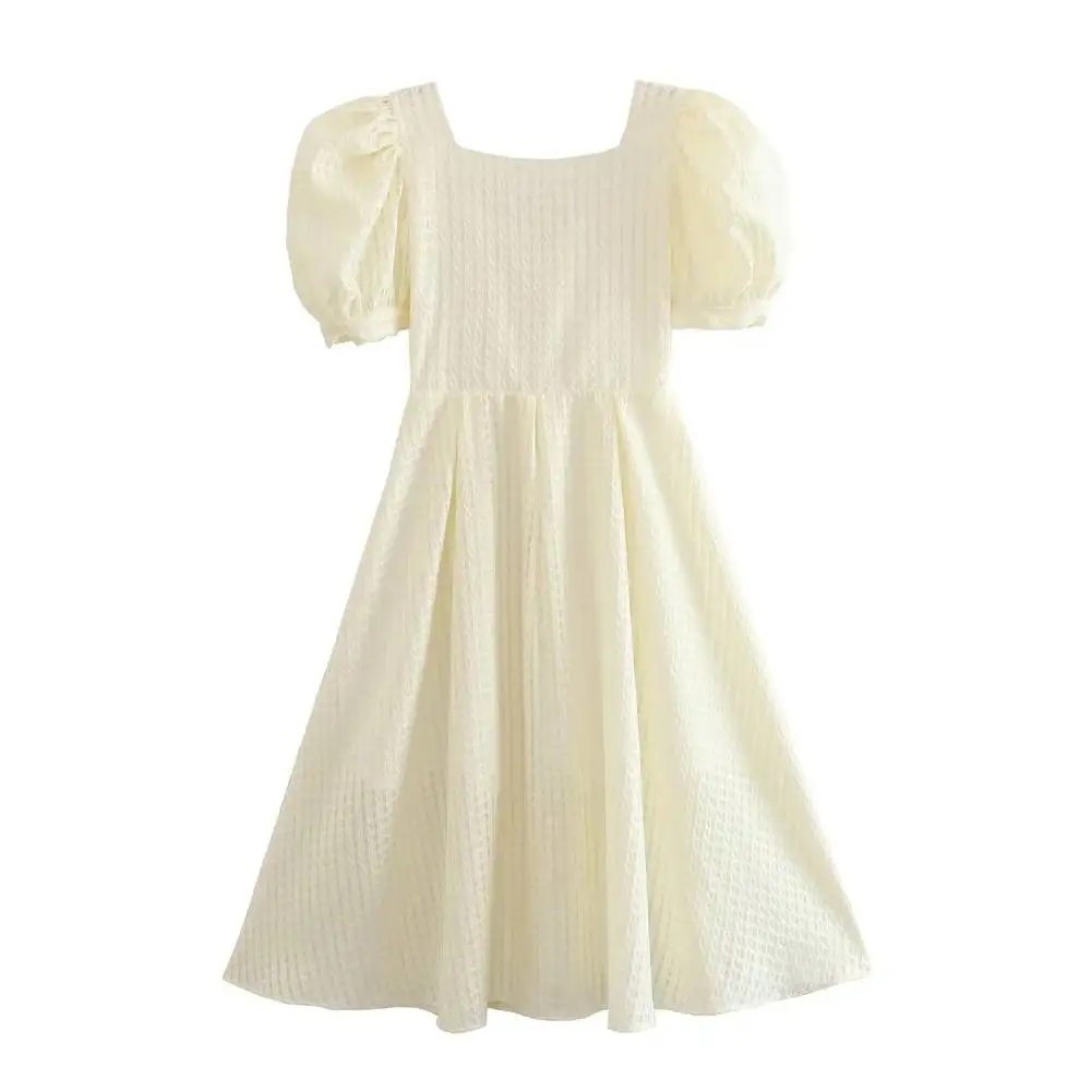 

Summer New Women Elegant Creamy Puff Sleeve Party Square Collar Dress Waist-Controlled Zipper Back Lovely Long Female Vestido