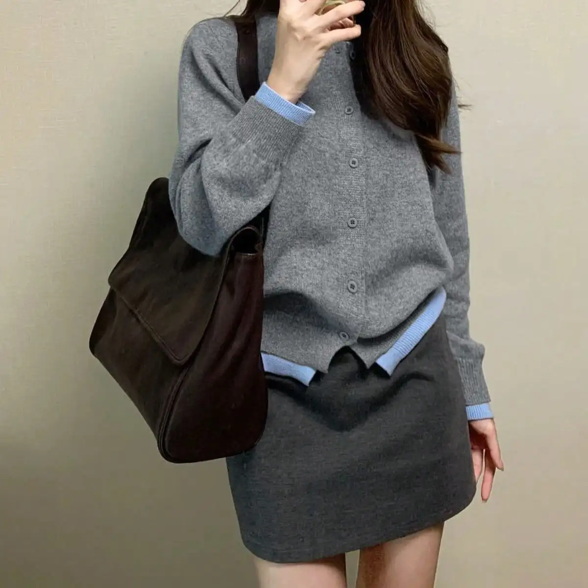 K-Style of Hiphop Gray Soft Waxy Knitwear for Women Spring &amp Fall High-End Elegant Casual Versatile Button Cardigan Jacket