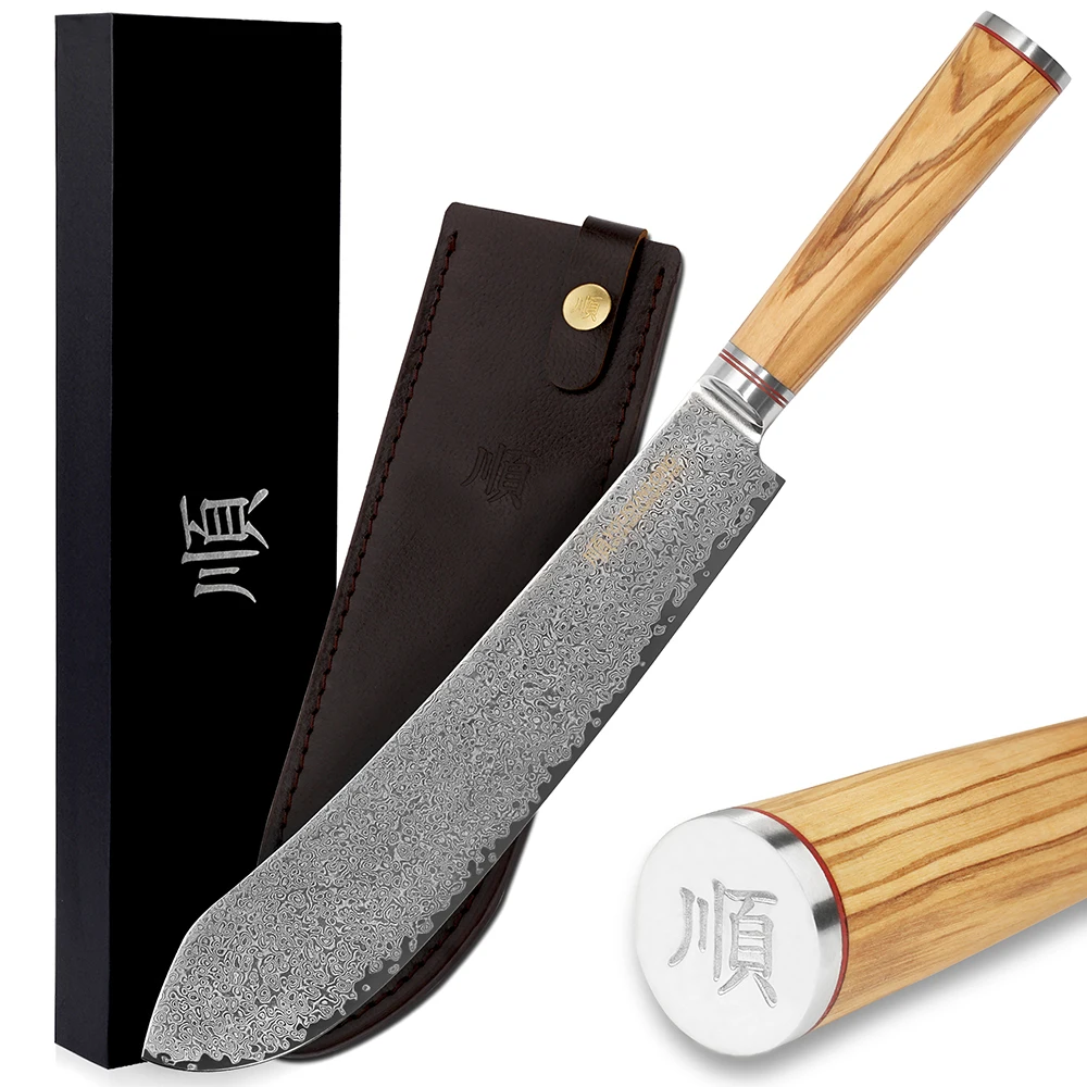 

YOUSUNLONG Breaking Knife Bull Nose Pro Butcher Knife 10 Inch Japanese Damascus Steel Italian Olive Wood Handle with Leather She
