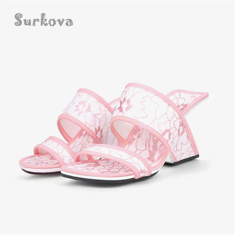 Lace Embroidered Sandals Pink Blue Black Hollow Wedges Slippers Women's Luxury Banquet Summer Shoes New Square Toe Slip-On Pumps