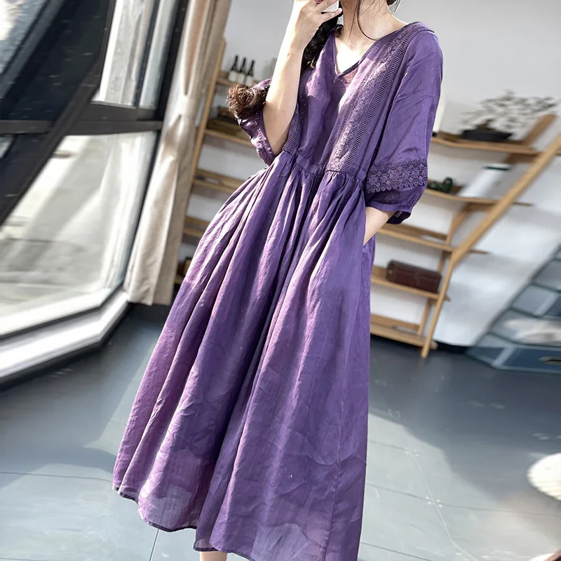 

Summer Cotton Hemp Long Dress Women Three Quarter Sleeve Loose Korean Lace Up V-neck Solid Lace Stitched Casual Maxi Dress A891