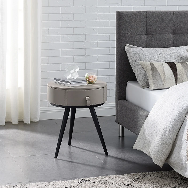 

Italian Luxury Round Leather Bedside Table Creative Fashion Bedroom Cabinets Living Room Drawer Nightstand Bedroom Furniture