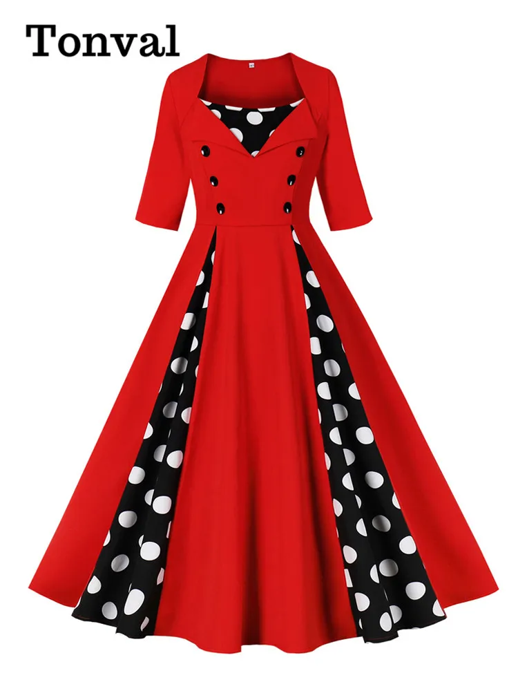 

Tonval Red and Polka Dot Patchwork 50s Vintage Long Dresses for Women Square Neck High Waist Half Sleeve Autumn Swing Dress