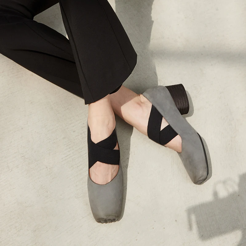 New Vintage Ballet Shoes Pig Nose Chunky Singles For Women Genuine Leather Nubuck 2114