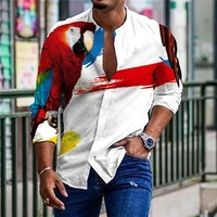 spring mens shirts baggy cotton linen parrot butterfly ink print long sleeve top hip hop vintage loose shirts male clothes