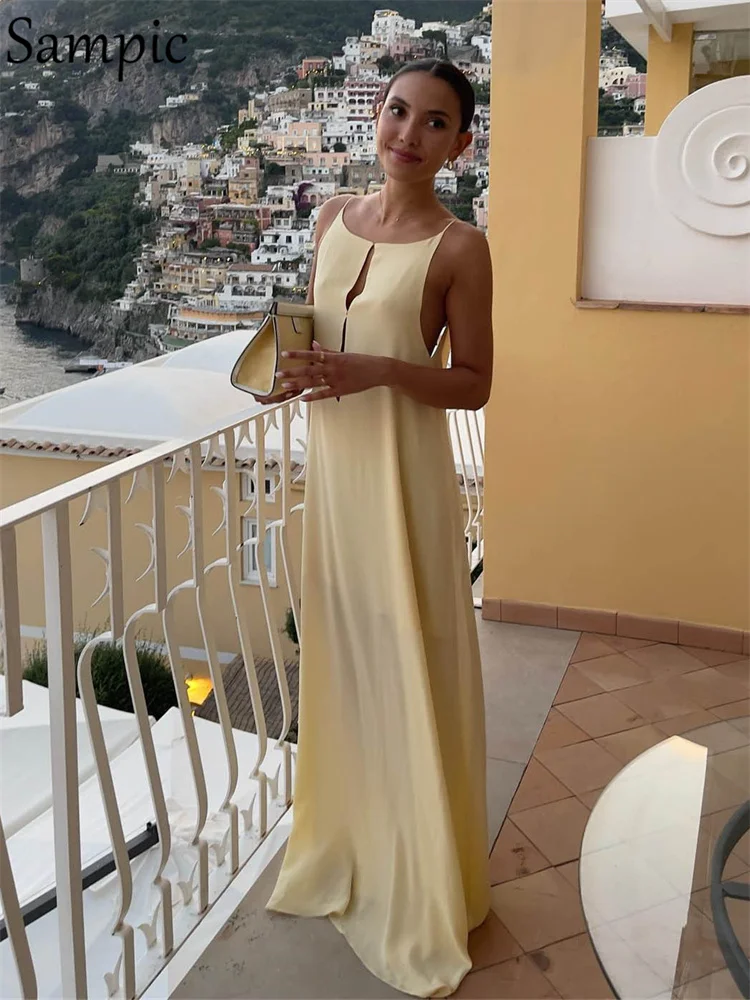 

Sampic Satin Hollow Out Backless Maxi Dress Women Autumn Sexy Spaghetti Strap Elegant Evening Party Dresses Beach Outfits