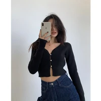 2021 spring and autumn womens t shirt long sleeve sexy navel v neck green casual knit top solid color knitted streetwear y2k