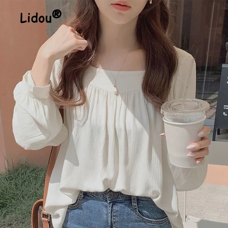 

Fashion Chic Pleated Solid Color Blouse Women New Long Sleeve Square Collar Spring Autumn Temperament Chiffon Pullover Shirt
