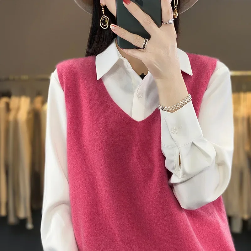 Модный свободный жилет из чистой шерсти верхняя вязаная одежда женский