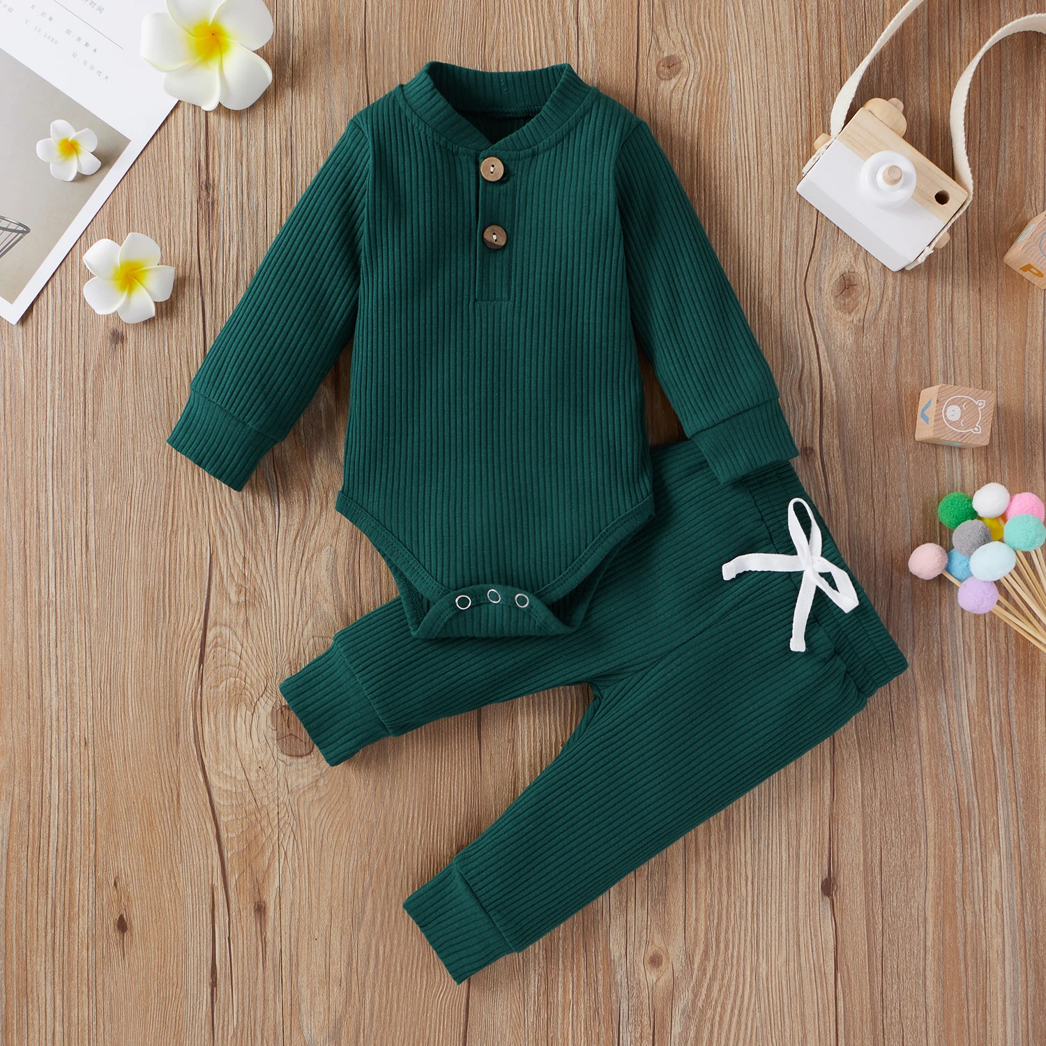 

Newborn Baby Pyjamas Set Boys Girls Clothes Cotton Solid Knitted Ribbed Long Sleeve Bodysuit and Pants Infant Clothig Outfits