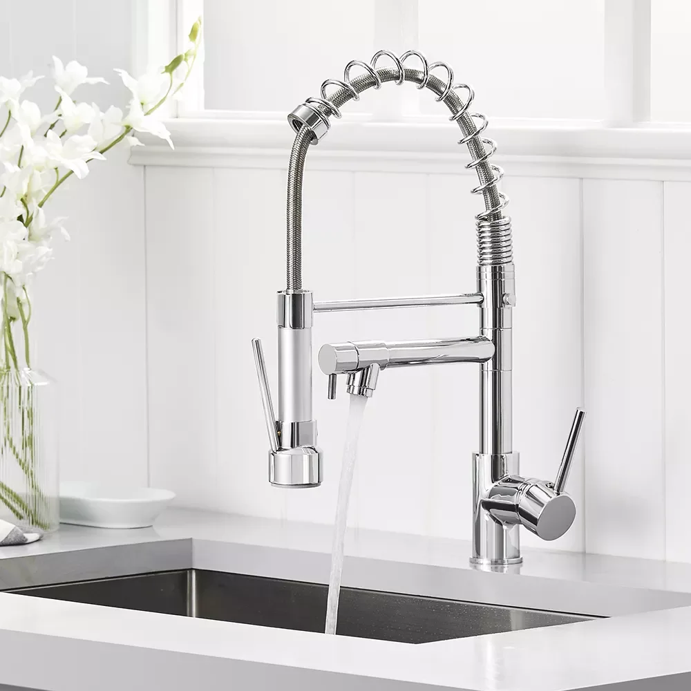 

Spring Pull Down Kitchen Faucets Hot & Cold Water Mixer Crane Taps Chrome Faucet Dual Outlet Spouts 360 Swivel Handle